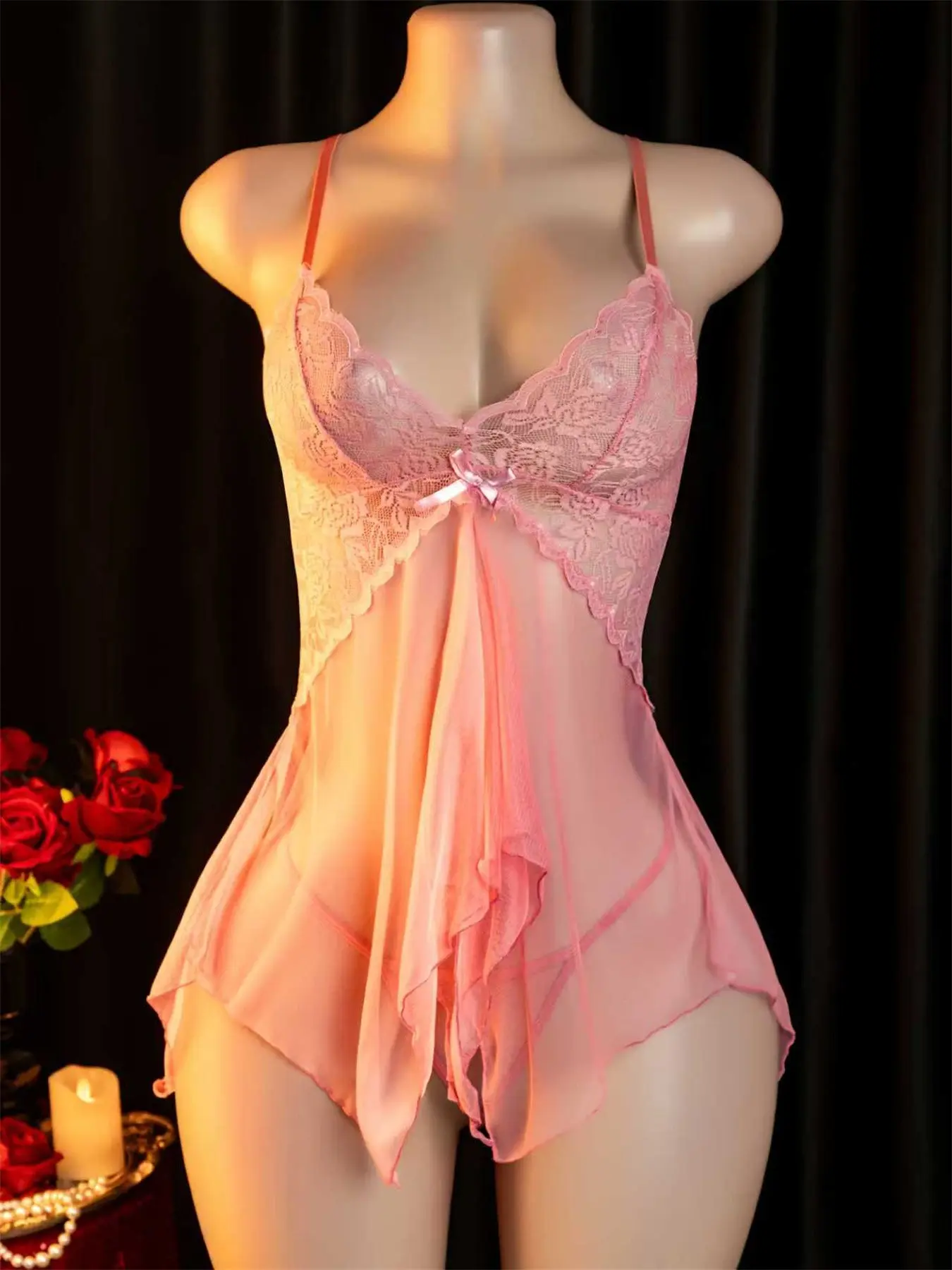Breathable Sheer Polyester Mesh Floral Halter Dress, Women's Feminine Sexy Ruffle Underwear Sleepwear Loungewear Set with Matching Thong Panties, Bold Seductive Lingerie, Nightdress Set