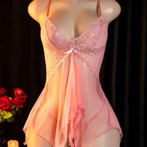 Breathable Sheer Polyester Mesh Floral Halter Dress, Women's Feminine Sexy Ruffle Underwear Sleepwear Loungewear Set with Matching Thong Panties, Bold Seductive Lingerie, Nightdress Set