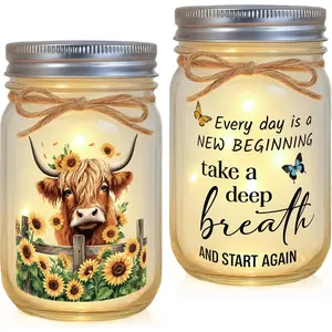 Inspirational Gifts for Women Double-Sided Decorative Mason Jar Light New Beginning Self Care Motivational Sunflower Decor Gift for Friends Daughter Sister Coworker