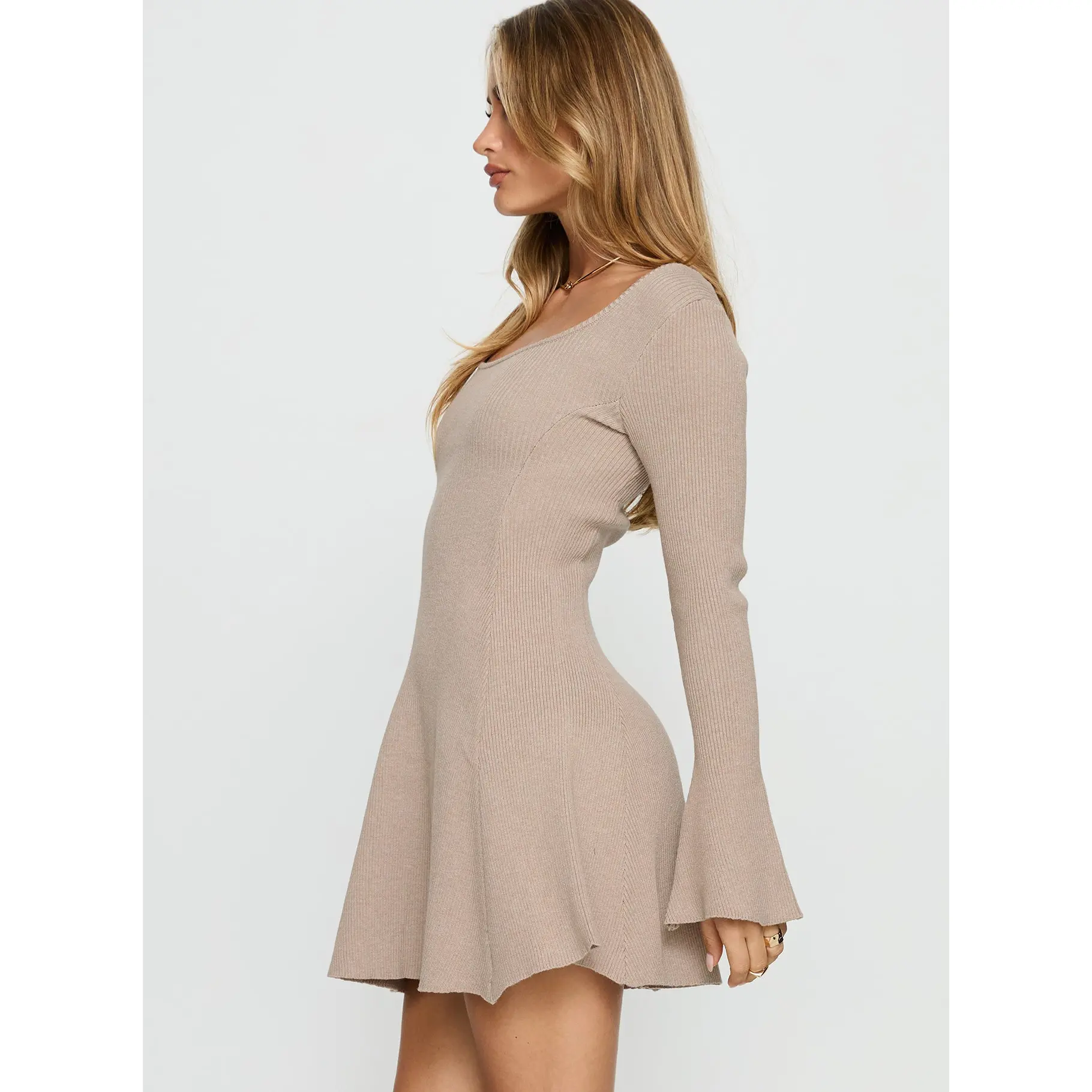 long sleeve low neck dress Chic and Holland HF110316 Prom Dress - Ivory/Nude
