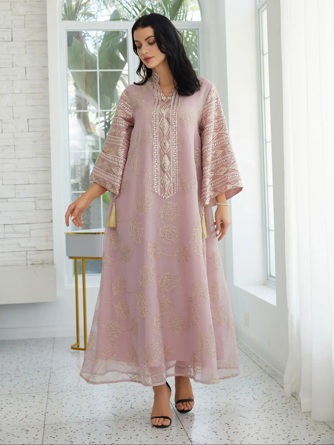 Women's Embroidery Long Sleeve Woven Embellished Dress Robe, Chic Elegant Fringe Trim Arabic Clothing for Party Evening Formal Wear Occasions, Ladies Clothes Garment Elegant Fashion Dress for All Seasons