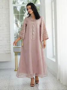Women's EmbroideryLong Sleeve Woven Dress,Elegant Fringe Trim Arabic Clothing for Party Evening Formal Occasions,Ladies Clothes for All Seasons