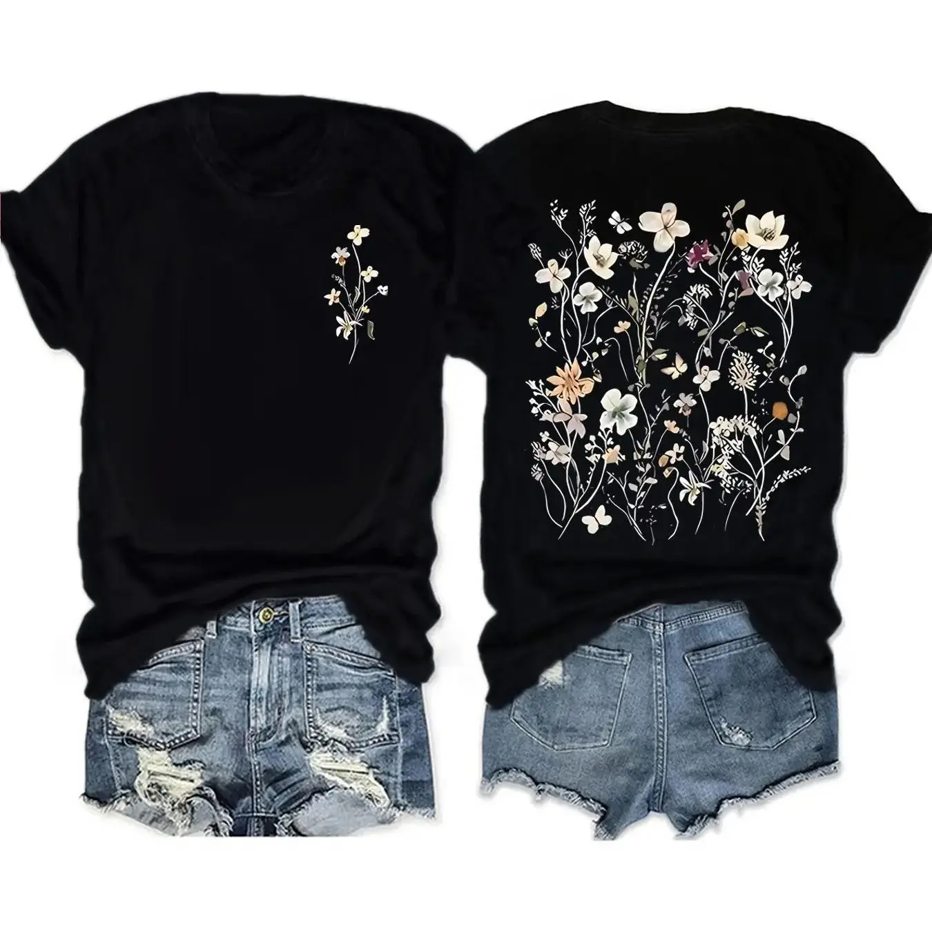 Plus Size Boho Wildflower Double Sided Graphic Tee, Y2K Vintage Floral Women Casual Summer Crew Neck Aesthetic Top