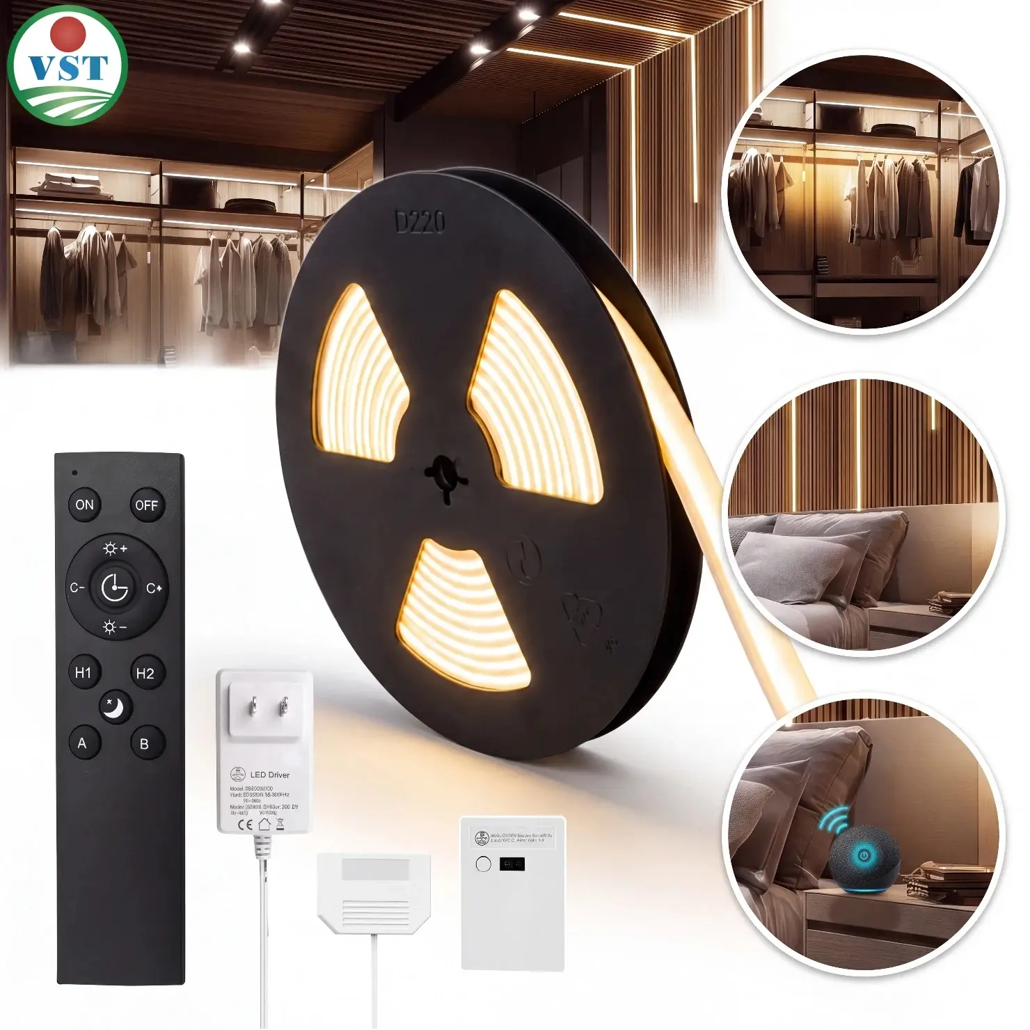 VST 24V Smart Silicone LED Strip, 16.4ft CRI90 CCT Dot-Free, Alexa Voice-App-RF Remote Control, 2700-6500K Tunable, IP44 Waterproof, Cuttable Clip Mount for Wood Slat Wall Recessed Grooves
