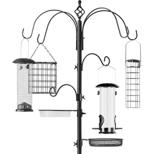 6-Hook Bird Feeding Station, Steel Multi-Feeder Kit Stand for Attracting Wild Birds w/ 4 Bird Feeders, Mesh Tray, Bird Bath, 5-Prong Base - Black