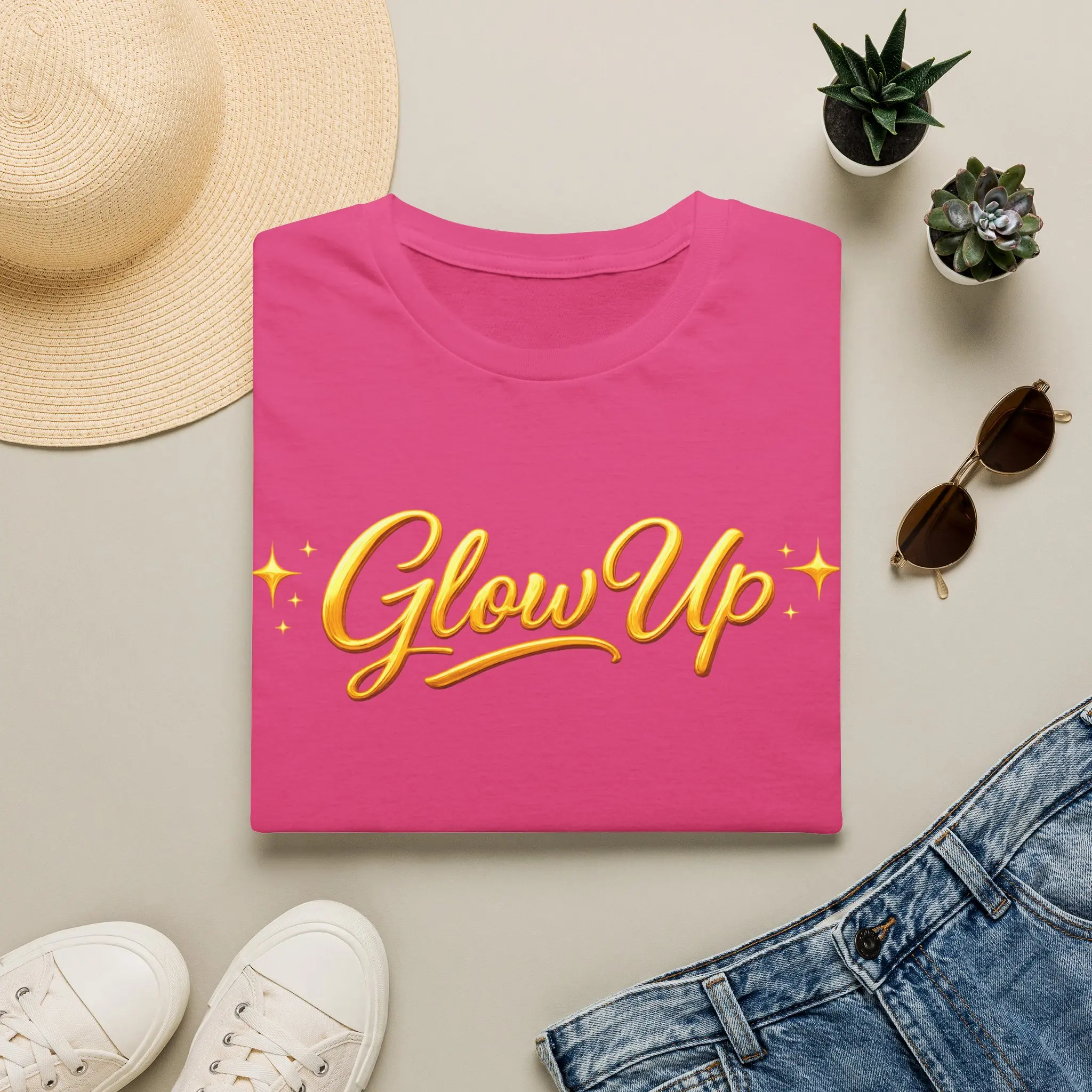 Glow Up Script Tee | T-Shirt with Gold Sparkle Lettering