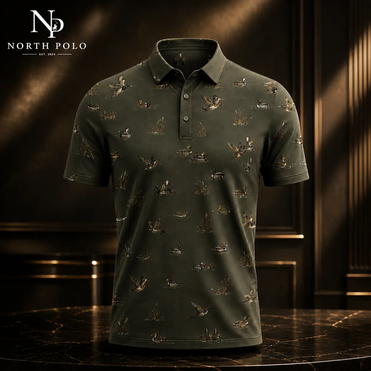 Premium Men's Sublimation Polo Shirt, Wild Duck Hunting All-Over Print, Breathable Polo