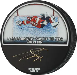 Sergei Bobrovsky Florida Panthers Autographed 2024 Stanley Cup Playoff Diving Save Hockey Puck - Limited Edition of 172 - Signed in Gold - Fanatics Authentic Certified