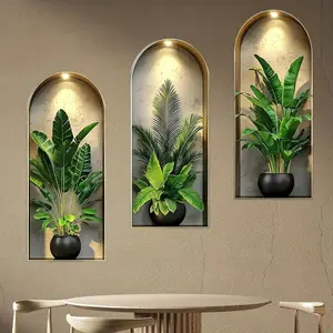 3-Piece Set, 2D Flat, Nordic Greenery-Themed Simulated Arch Window Flower Pot Wall Decals, Self-Adhesive Removable Decorative Stickers for Living Room, Dining Room, and Study Wall Decoration, Home Decor