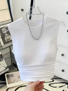 Summer Slim Fit Ruched Waist Sleeveless Vest, Casual Round Neck Short Top, Versatile Plain Design, High-Quality Inner Layer, Womenswear