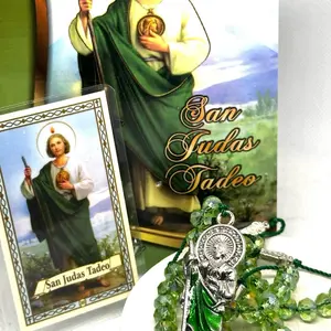 San Judas Tadeo Set Rosario Novena Oration Laminated with Green Beads and Saint Image Prayer Booklet