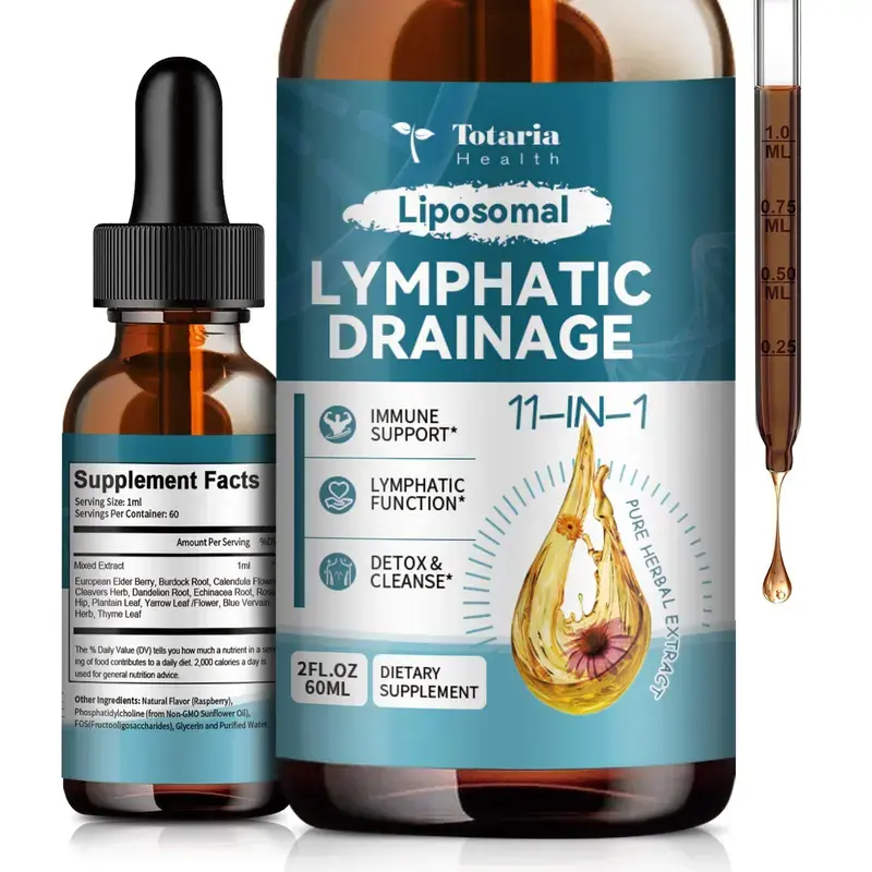 Totaria Liposomal Lymphatic Drainage Drops - 11 In 1 Organic Supplement with Burdock Root Echinacea Elderberry Calendula Cleavers Herb Dandelion Supports Lymphatic Health 2 FL.OZ Healthcare Natural,travel essentials