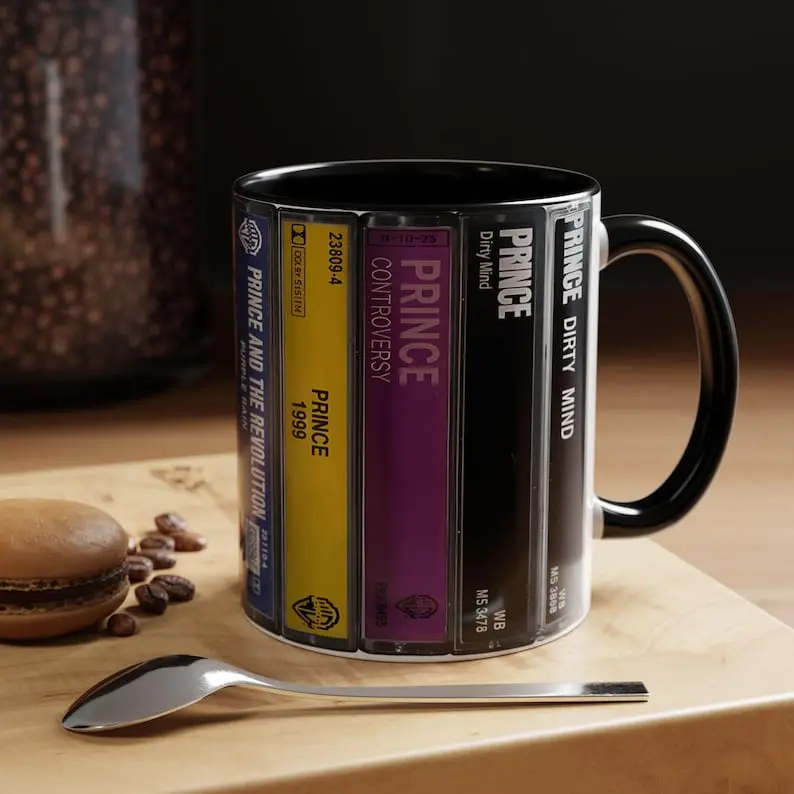 Prince Albums Cassette Collection Retro Accent Edge-to-Edge Printed Accent Mug 11oz 15oz