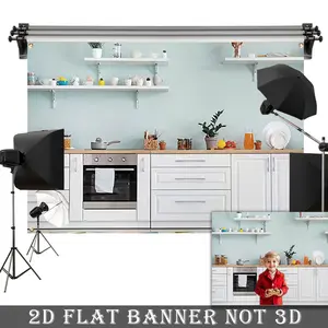 2D Flat Banner, 1pc Modern Kitchen Backdrop for Photography - 2D Flat Polyester Scene with Open Shelves, Potted Plants, and Warm Lighting - Ideal for Portraits, Weddings, Birthdays, and Home Decor, Kitchen Decor