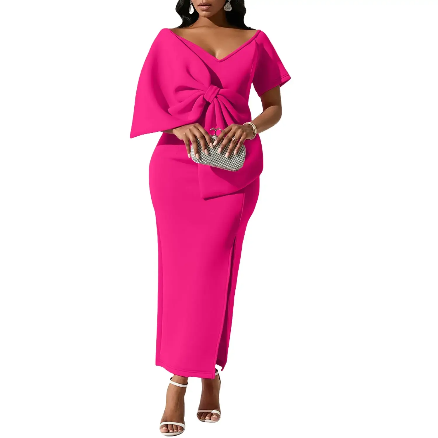 Women's 2026 New Chic Polyester Maxi Evening Gown - Plus Size Beaded Halter Bodycon Slip Dress with Bow-Accent Charm, Slit, Bias Cut for Prom Formal Wear