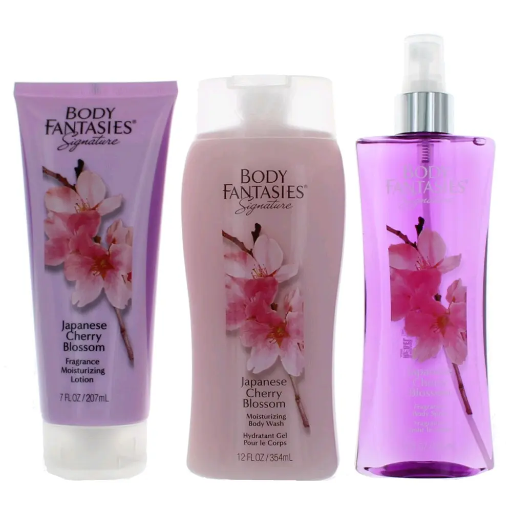 Women's Body Fantasies Japanese Cherry Blossom 3-Piece Fragrance Set - Hydrating Moisturizer for Body Care Routine, Scent Layering & Signature Skin Repair, Signature Scent