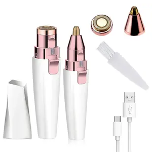 Facial Hair Remover & Eyebrow Trimmer - 2 in 1 Electric Women's Face, Nose & Body Shaver - Painless Epilator - USB Rechargeable with LED Light