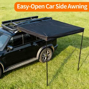 Pneumatic Car Awning 6.56ft x 6.23ft Black-Coated Polycotton 99% UV Block with LED Light for SUV Jeep Pickup