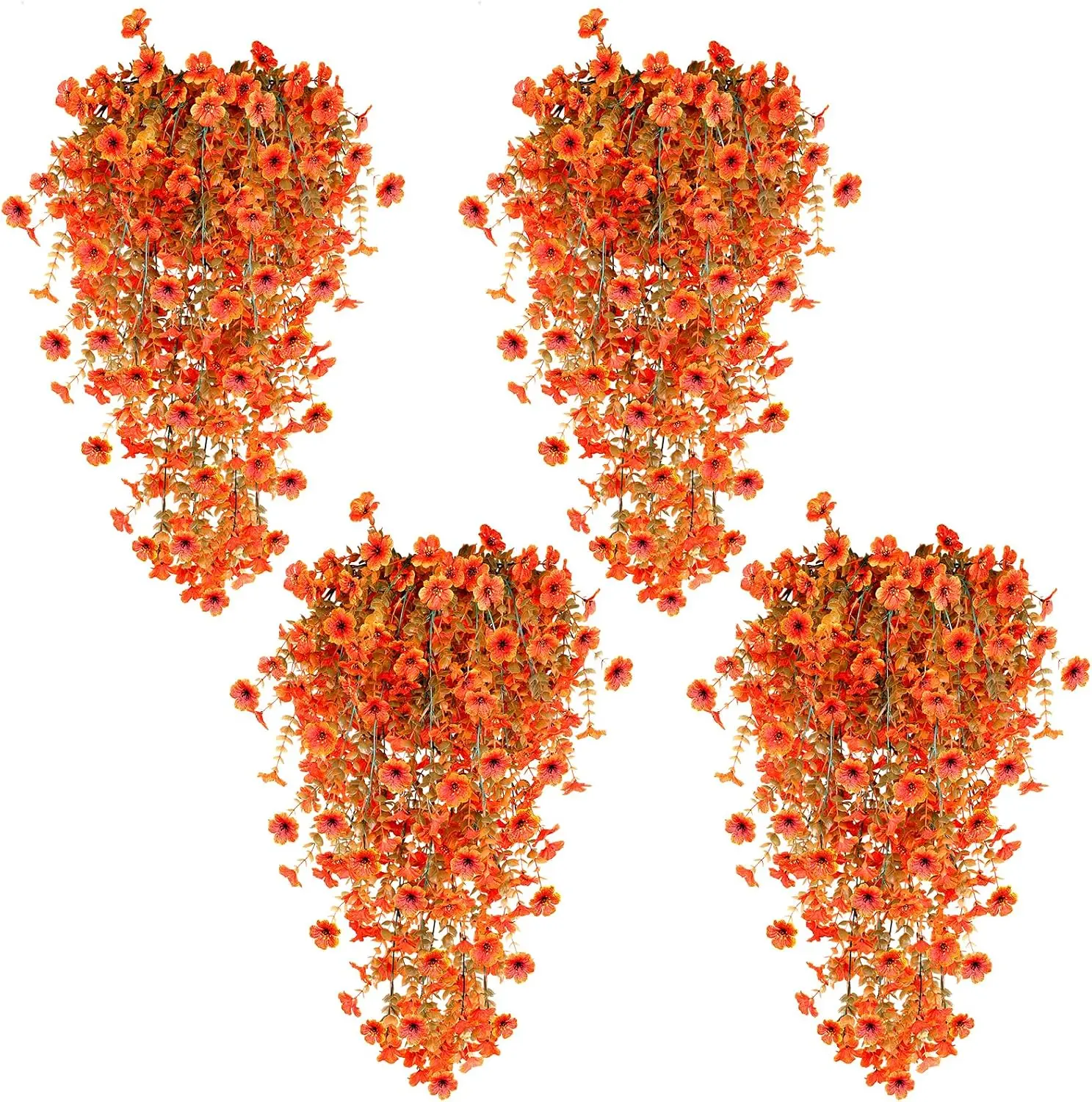 TURNMEON 4PCS 31 Inches Long Synthetic Hanging Fall Flowers, UV Resistant Realistic Durable Material Mums, Outdoor/Indoor Faux Silk Daisy Plants for Gardens Porch Planter (Orange), Hanging Plants, 4Pcs Artificial Fall Hanging Flowers