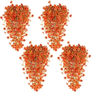 TURNMEON 4PCS Artificial Hanging Fall Flowers Fall Decorations, UV Resistant Realistic Fake Mums for Outdoors Faux Hanging Plants Silk Daisy Flower for Outside Home Indoor Planter Porch Patio(Orange)