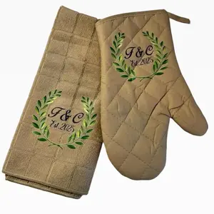 Custom Text or Logo Oven Mitt Set with Kitchen Towel Classic Beige 100% Cotton Heat Insulation Personalized Gift for Grandma Neighbor Family