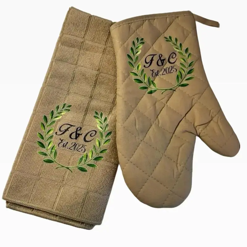 Custom Text or Logo Oven Mitt Set with Kitchen Towel Classic Beige 100% Cotton Heat Insulation Personalized Gift for Grandma Neighbor Family
