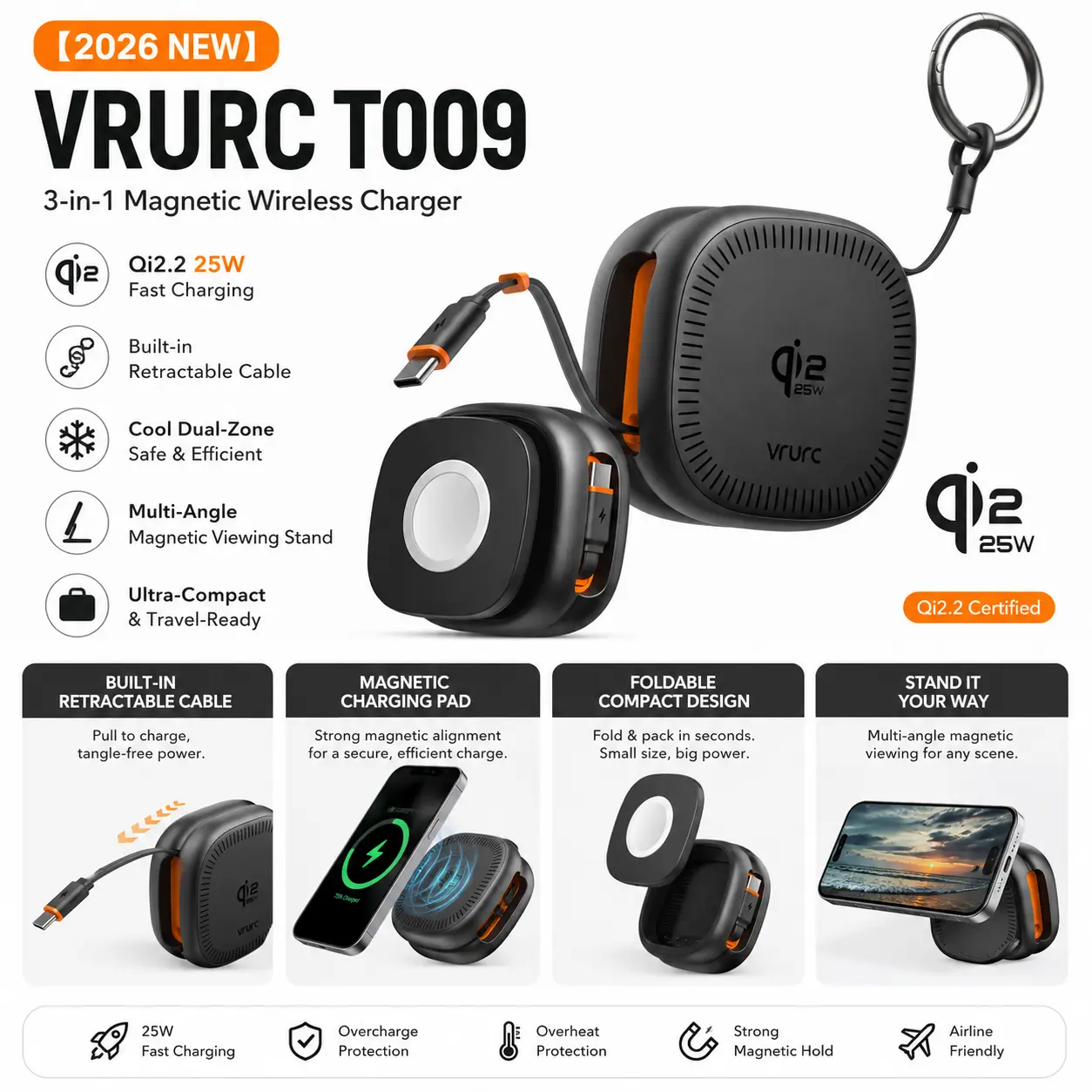 VRURC T009 3-in-1 wireless charger, all-in-one cable, double the speed, 25W Qi2.2 Fast Charging, Cool Dual-Zone, Multi-Angle Magnetic Viewing Stand, On-the-Go Top-Up,The Mobile Office