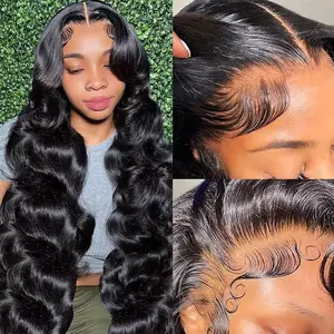 34 Inch Body Wave Lace Front Wigs Blended Human Hair 13x6 HD Transparent Multi-Skin Tone Lace Frontal Wig Natural Hairline 200 Density Pre Plucked Natural Black