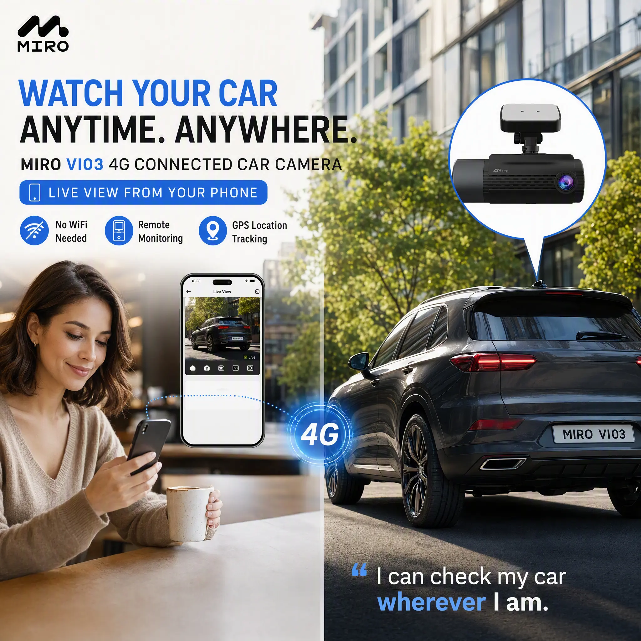 MIRO VI03 4G Connected Car Camera, Smart Dash Cam for Car & SUV, Dual Camera Recorder with Remote Live View, GPS Tracking, Parking Monitor & Vehicle Security
