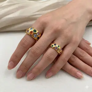 Colorful Rainbow Gemstone Thick Gold Ring - Multi-Stone Wave Dome Eternity Ring, Unisex Vintage Y2K Star Heart Gemstone Gold Ring - Irregular Cut Colorful Cubic Zirconia Ring, Party Jewelry
