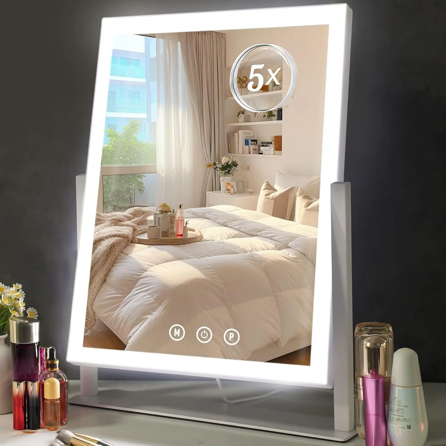 Lighted Makeup Mirror, Hollywood Vanity Mirror with 5X Magnification Mirror, 360 ° Rotation Touch Control, 3 Color Lighting for Desks Bedroom Dressing Room, Small
