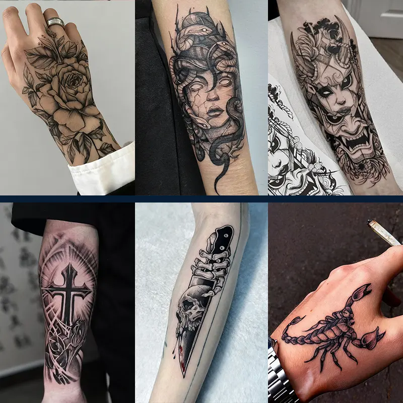 6 Large Graphic Tattoo Stickers, Including 1 With Floral Elements, 1 With Medusa, 1 With Cross And Other Elements. Lasts For 7-15 Days, Water-resistant And Resistant To Friction, With Realistic Effect. Suitable For Those Who Don't Want To Get A Tatt