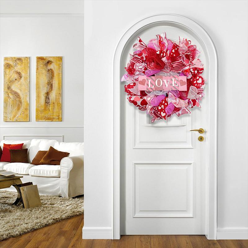 ZMOCEN-17 Inch Valentines Day Mesh Wreath, Valentines Wreaths for Front Door with Love Wooden Sign Fishnet Yarn, Valentines Day Wedding Decorations for Indoor and Outdoor