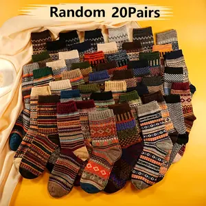 20pcs Vintage Ethnic Pattern Crew Socks - Thick, Warm & Sweat-Absorbent for Fall/Winter
