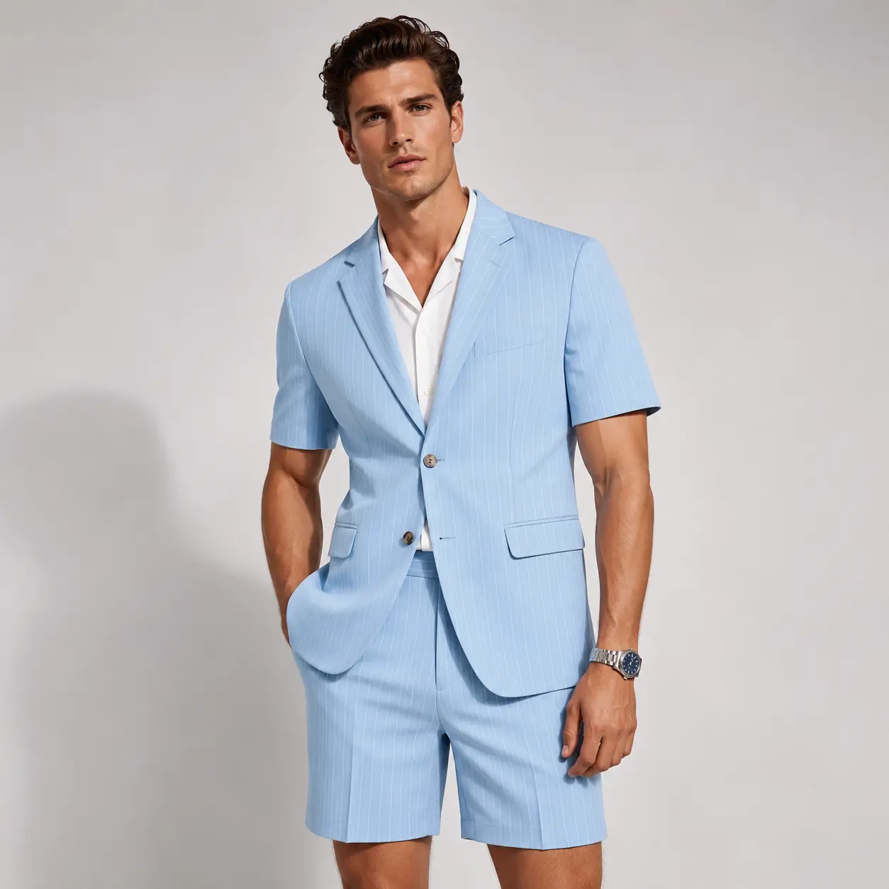 Men’s 2 Piece Pinstripe Suit Set, Short Sleeve Blazer & Tailored Shorts, Navy Blue Smart Casual Outfit for Summer Wedding, Party, Vacation & Events