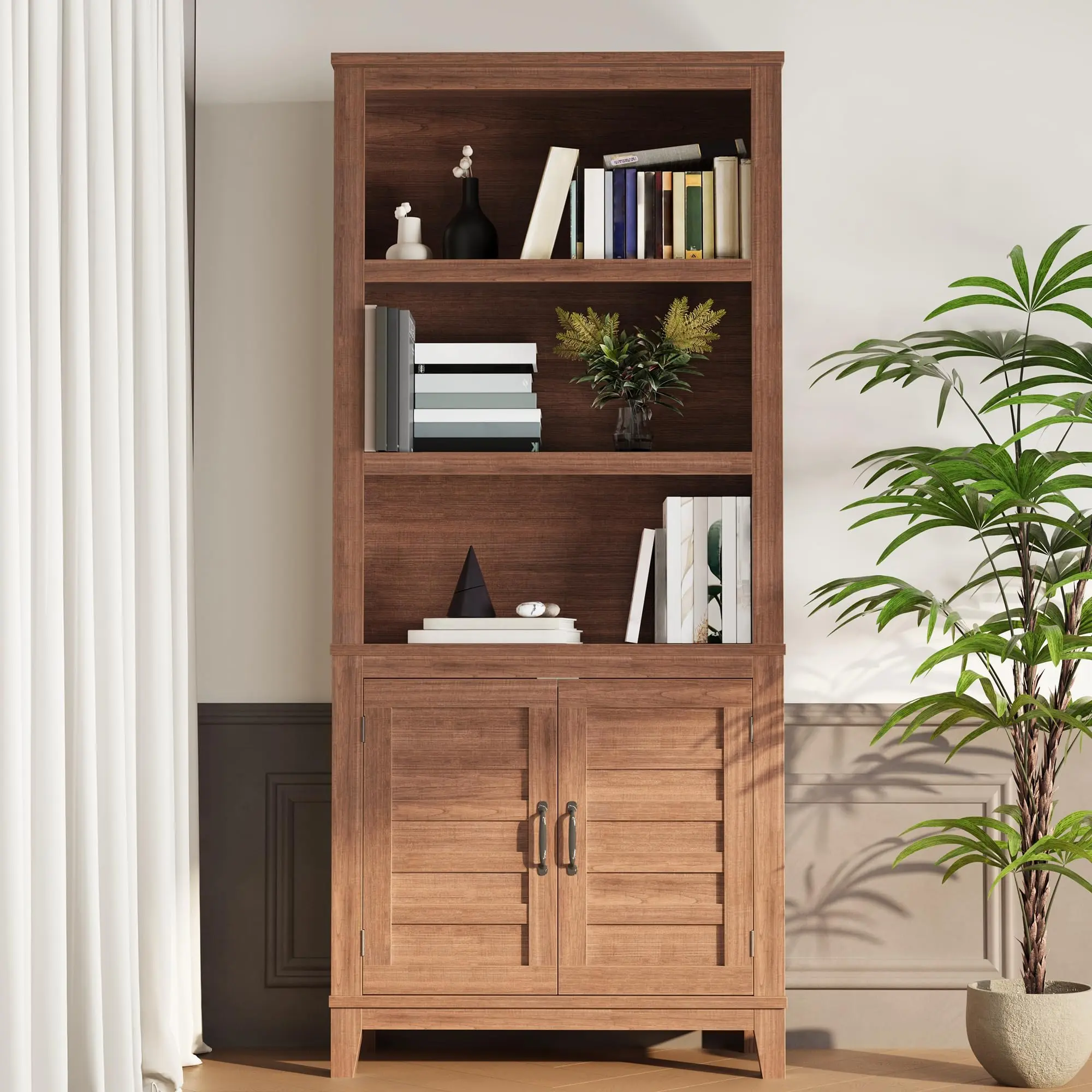 71-Inch Tall Slim Farmhouse 5-Tier Engineered Wood Cabinet with Doors, Adjustable Shelves, Easy Setup, Space-Saving for Small Spaces Apartments, Brown