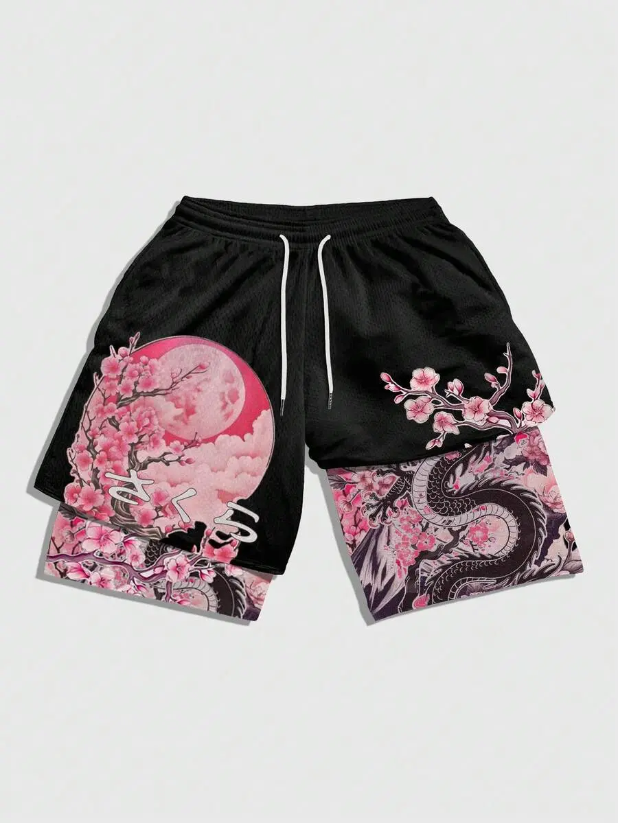 Anime Men's Branch Print Drawstring Waist Double Layer Casual Shorts