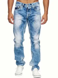Men's Slim-Fit Straight Leg Washed Denim Jeans Stretchable Pants, Casual Trousers Plain Menswear Streetwear Blue skinny jeans birthday outfits