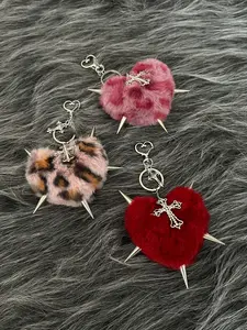 Cute Plush Leopard Print Heart Rivet Keychain, Bag Accessory, Fashionable Unisex Couple Gift, Stylish Casual Wear