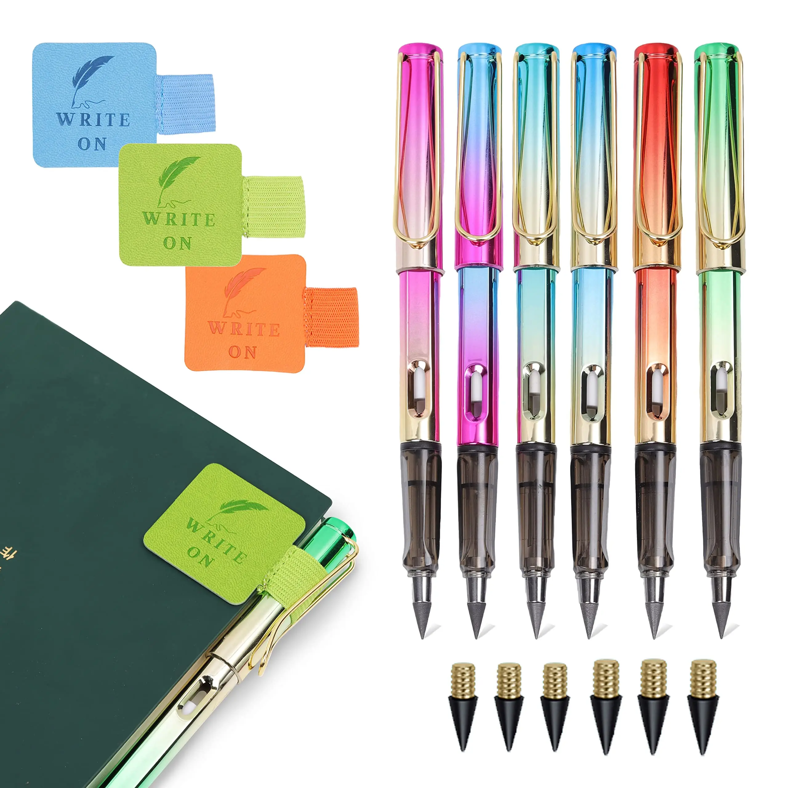 6-Piece Colorful Set Endless Pencils with Built-in Eraser, Premium Replacement Nibs, Self-Adhesive Leather Pencil Holders, Ideal for Office & School Writing/Note-Taking, Never-Sharpen Office Stationery, Eraser Built-In