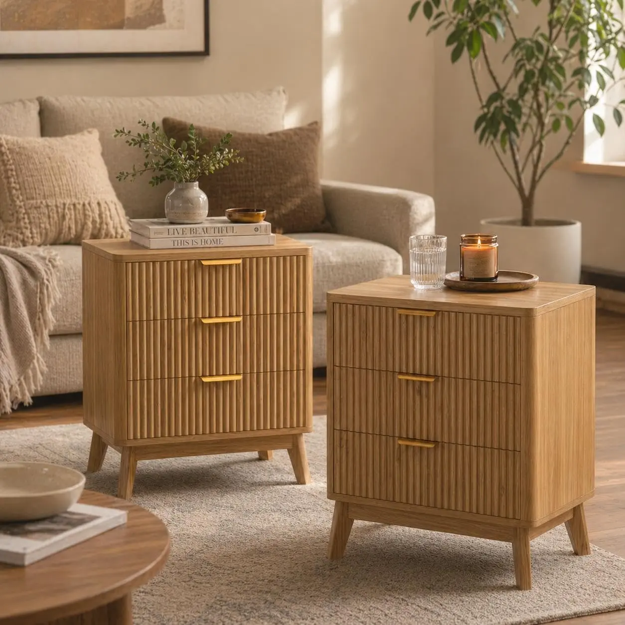 Modern 2-Piece Nightstand Set, 24" Wide Fluted Wood Bedside Tables with 3 Drawers Each, Bedroom Storage Chest
