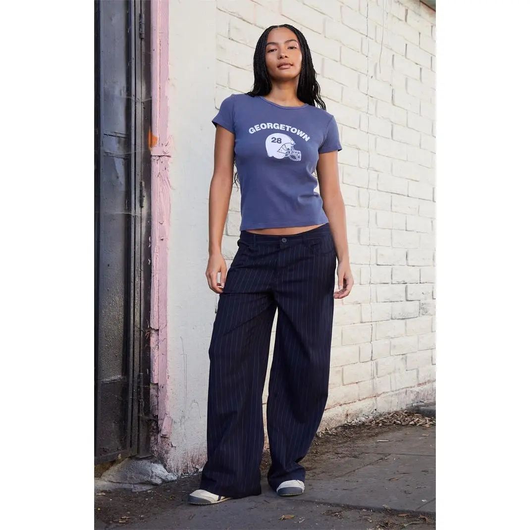 John Galt Women's Navy Striped Low Rise Baggy Trousers