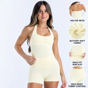 ( with logo ) dfyne Halter Neck Gym Top for Women, Padded Workout Tank with Open Back, Moisture Wicking Activewear