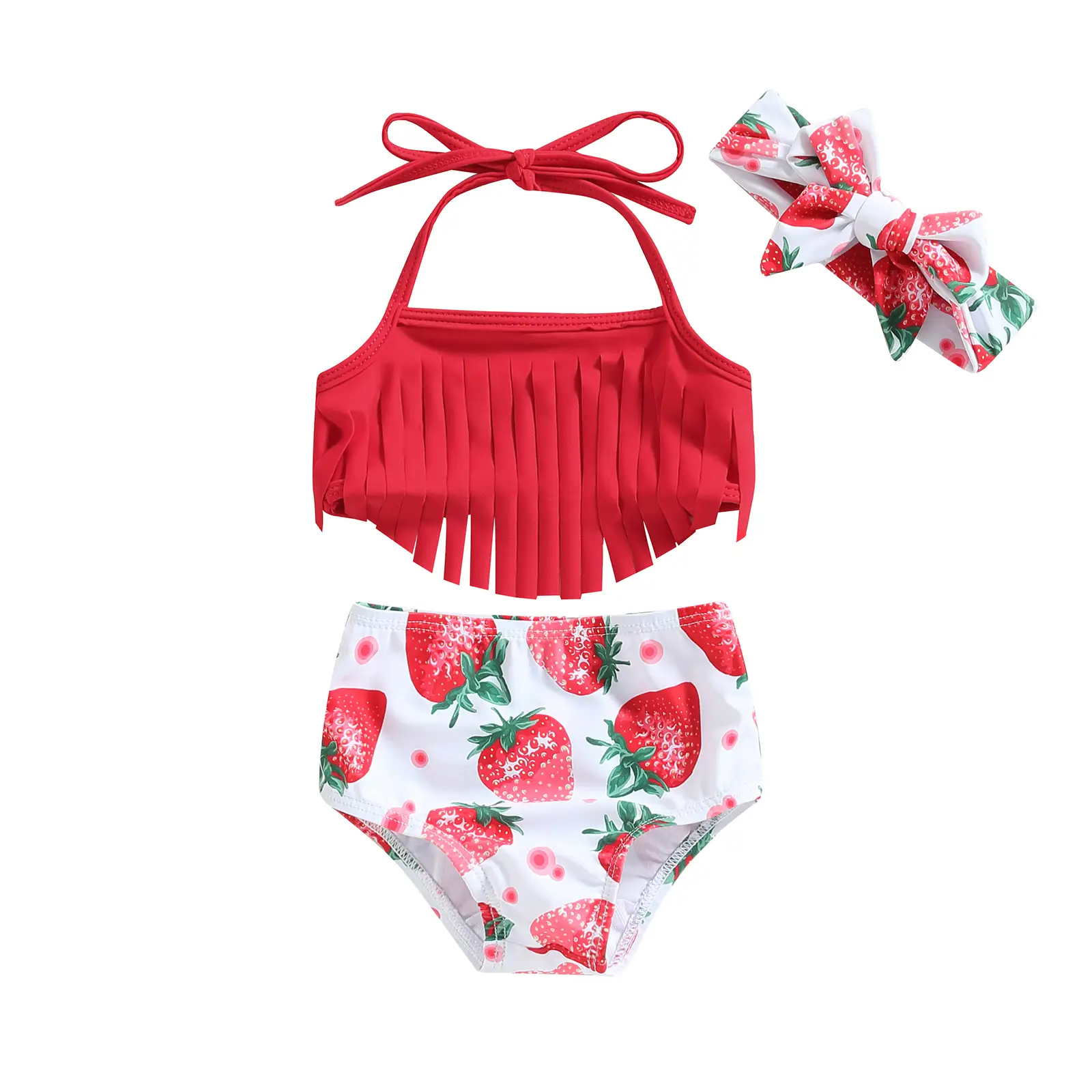 Infant Baby Girl Tassels Floral Bikini Swimsuit 3Pcs Halter Tie Up Crop Tops Ruffle Bottoms Shorts with Sun Hat Bathing Suit Swimwear #Springtok