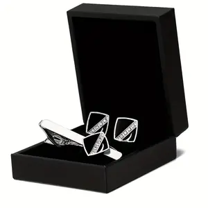 A pair of cufflinks and a tie clip gift box fashion simple square inlaid crystal cufflinks tie clip conference business wedding suit shirt accessories Valentine's Day Father's Day New Year gift for people