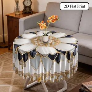 EastJia 1pc Round Elegant Tablecloth - 2D Flat Print, Blue And White Diamond Floral Pattern Design, Durable, Easy to Clean, Perfect for Party Dining & Home Decor, Machine-Made, Ideal for Celebrations