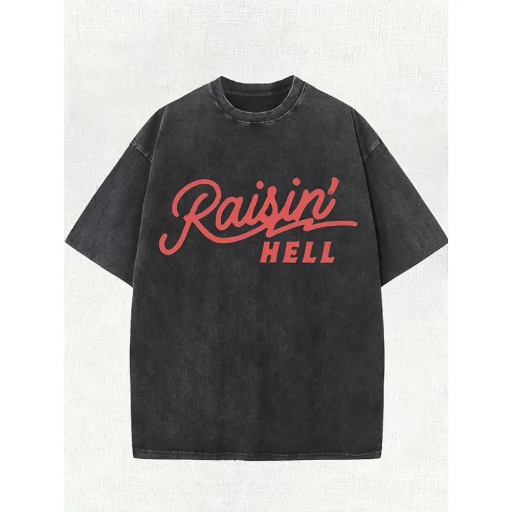 Men's 220g heavy-duty cotton street style T- shirt - Vintage washed'Raisin' HELL' pattern print, round neck short sleeve, H-fit casual summer shirt, machine washable