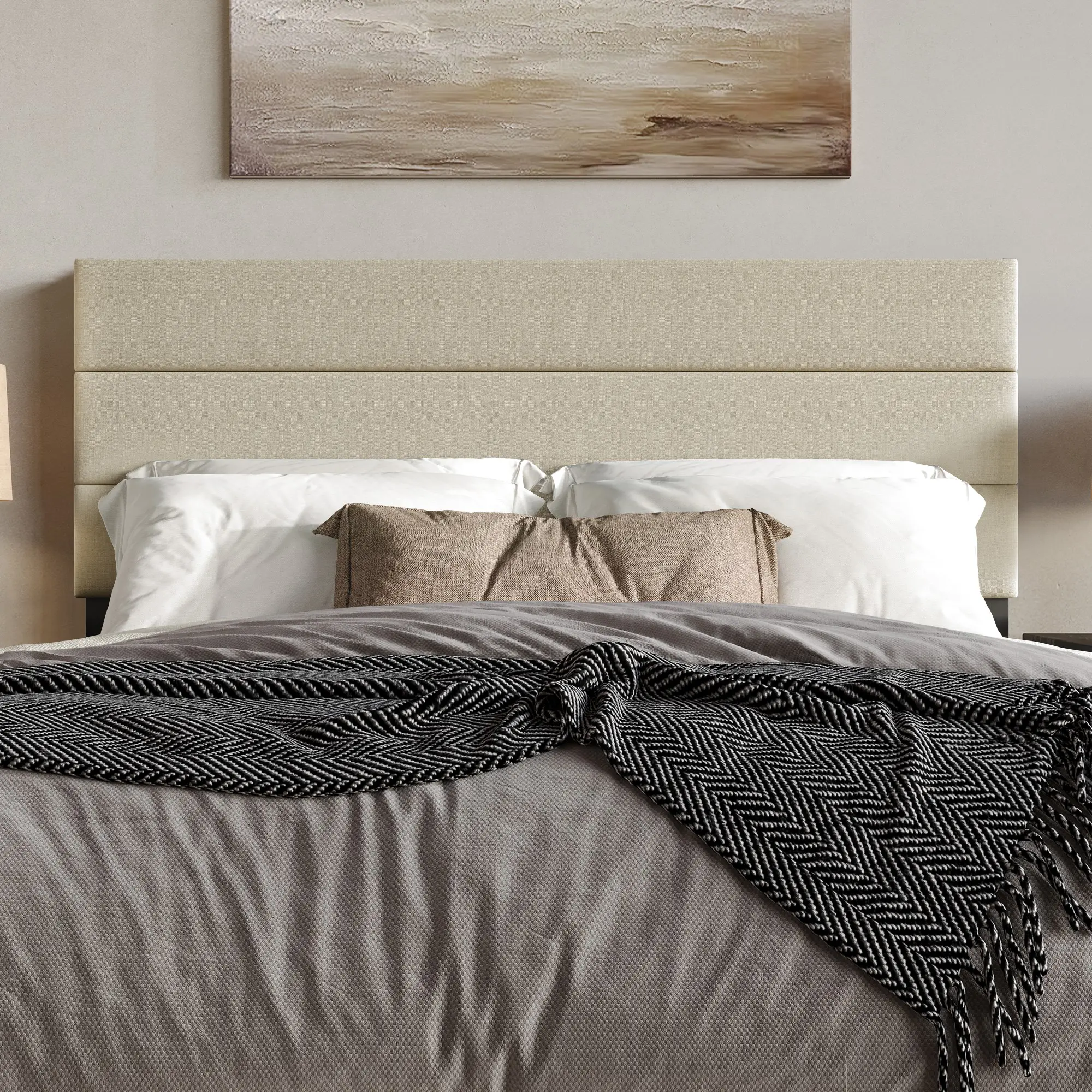 Favorer Corona Upholstered Headboard with Foam Padding, Horizontal Channel Tufting Design, Beige, Easy Assembly