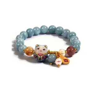 Prosperity Cat Bracelet with Blue Stone Inlay, Ceramic Cat Pendant, Feng Shui Lucky Jewelry, Women's Bracelet, Wealth and Protection Meaning, Bracelet Design
