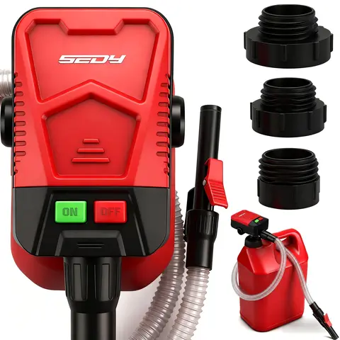 SEDY Automatic Fuel Transfer Pump with Auto-Stop Sensor (3.2 GPM, Not for VP) - Battery-Operated Gas Can Pump with 3 Can Adapters, Extra-Long Hose, Overfill Protection, LED Status Light for Lawn Equipment, Motorcycle (Batteries Not Included)